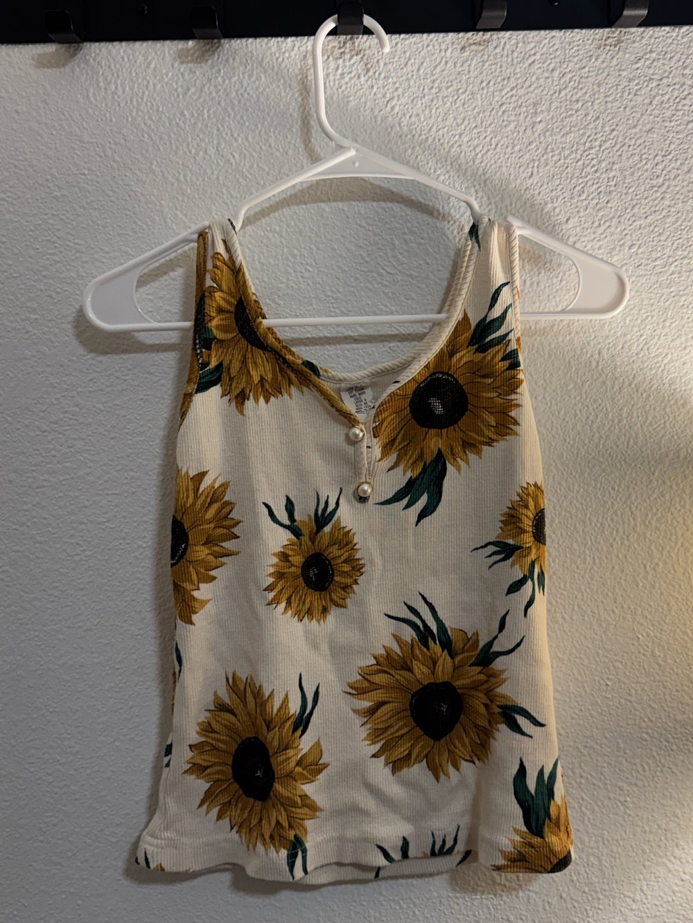 Sunflower-Print Cream Camisole with Pearl Button Detail